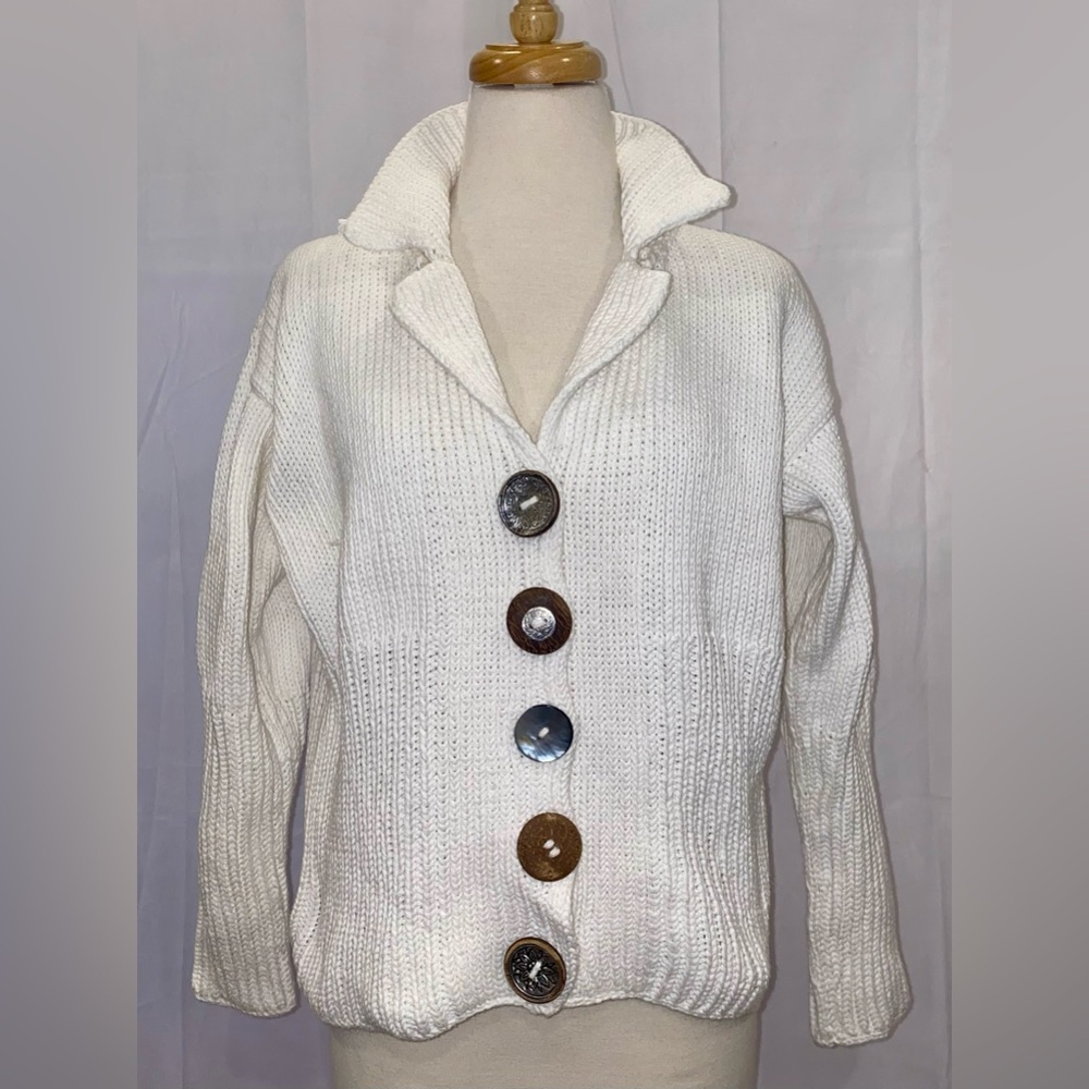 Pure Handknit 100% Cotton Chunky Knit White Artisan Cardigan Big Buttons L/XL